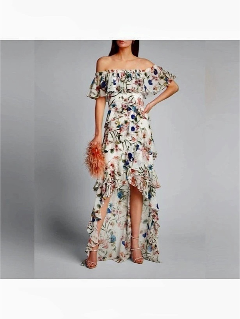 Badgley Mischka Floral Ruffle Maxi Dress in White Size 8 Like New
